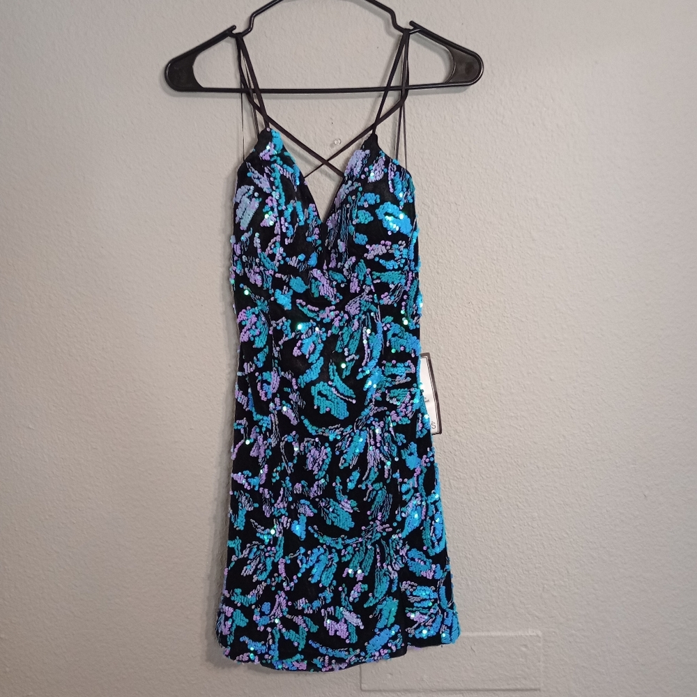 Crystal Doll Sequined Velvet Mini Dress Lace Up Back Party Cocktail Event